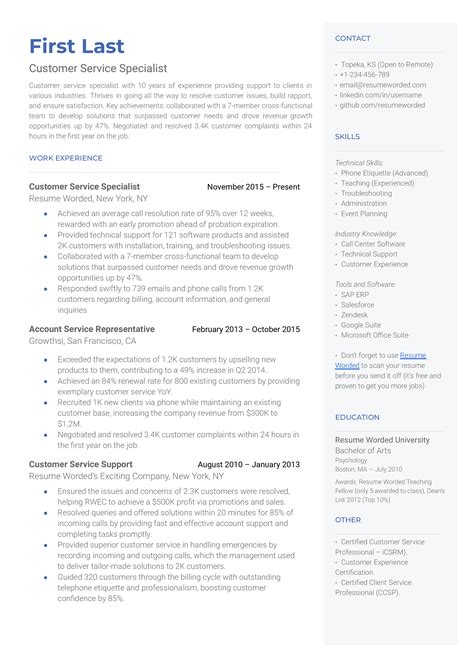 Customer Service Specialist Resume Example for 2023 | Resume Worded