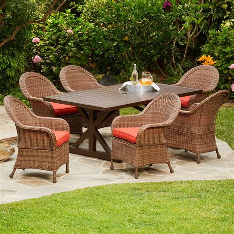 Royal Garden Hacienda Heights 7-Piece Wicker Outdoor Dining Set with Red Cushions-HHTDST703 ...