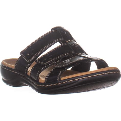 Clarks - Womens Clarks Leisa Spring Flat Slide Sandals, Black Leather ...