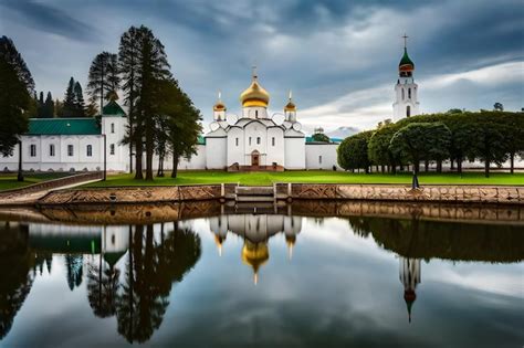 Premium AI Image | church reflected in a lake