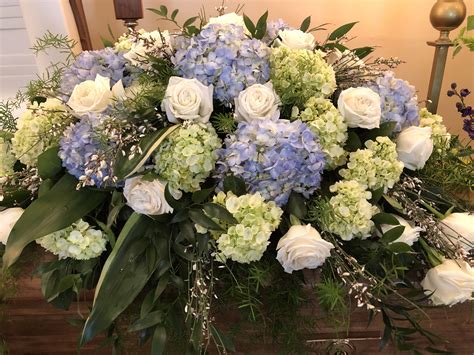 Hydrangea , rose casket spray | Funeral flower arrangements, Funeral flowers, Funeral floral ...