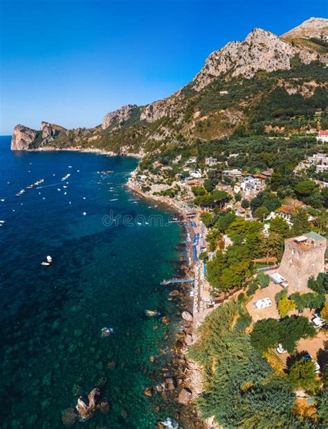 Aerial View of Coastline of the Village of Nerano. Private and Wild Beaches of Italy. Turquoise ...