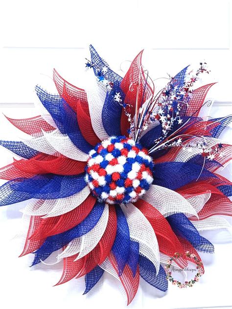 Patriotic Flower Wreath Red White and Blue Decor Front Door | Etsy ...