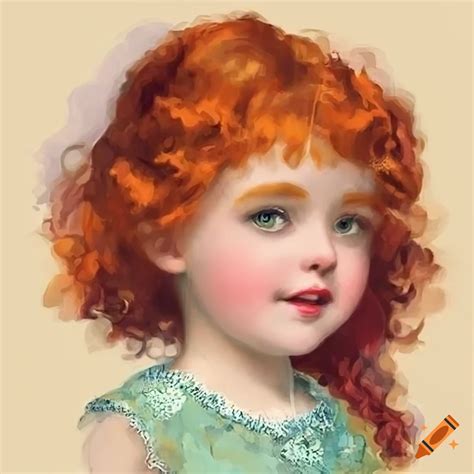 Digital vintage clipart of a smiling red-haired girl with dreamy eyes, monet