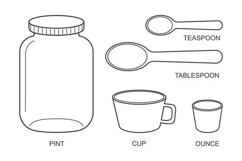 Pint, cup, ounce, tablespoon, teaspoon icons. Basic kitchen metric units of cooking measurements ...