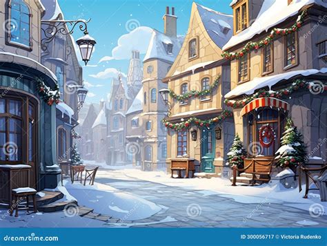 Snow Covered Christmas Street Illustration Stock Image - Image of ...