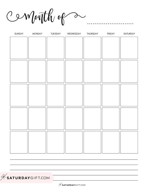 Blank Calendar templates - 29 Cute & Free Printables | SaturdayGift