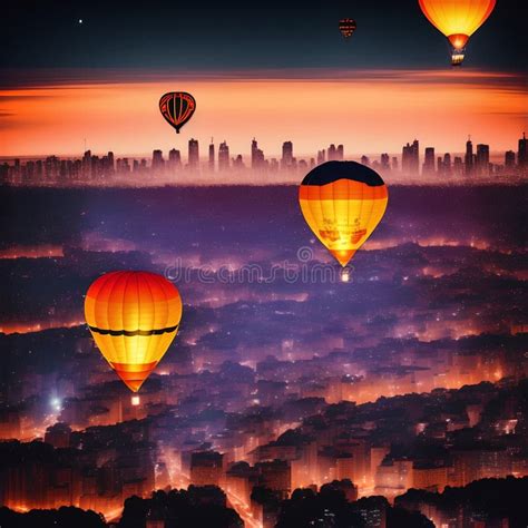 Hot Air Balloon Floating Over Night City, Generative AI Illustration Stock Illustration ...