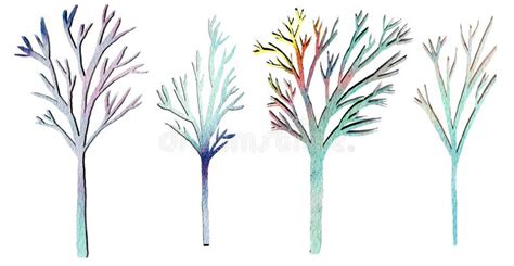 Set of Watercolor Colorful Trees Silhouettes Stock Illustration - Illustration of celebration ...