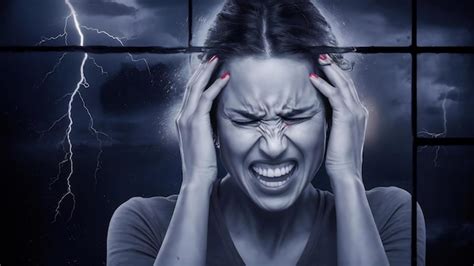 Premium Photo | Woman with headache on black background with thunder draw