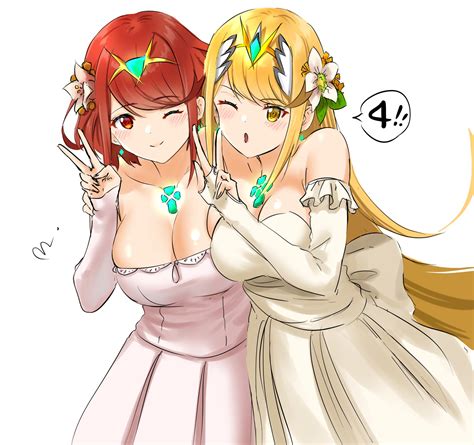 Pyra and Mythra celebrate 4th anniversary with wedding outfits for Rex : r/ChurchOfPyra