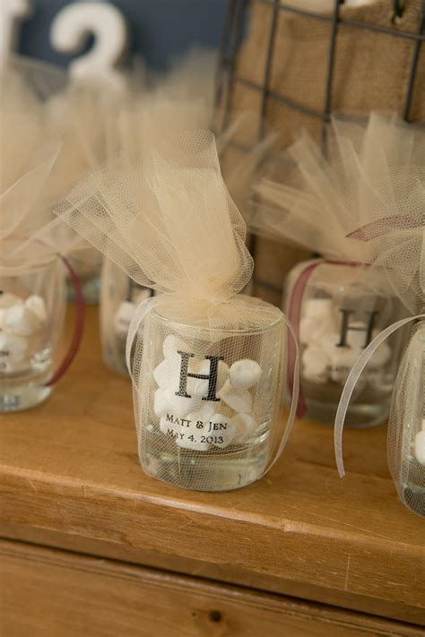 Shot glass favors filled with dinner mints and wrapped in tule - could ...