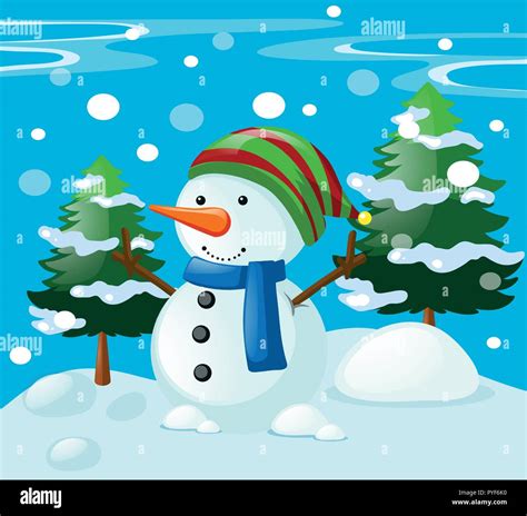 Winter scene with snowman in the field illustration Stock Vector Image ...