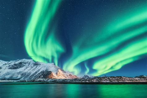 Winter Northern Lights In Lofoten Islands, Norway. Aurora Boreali ...