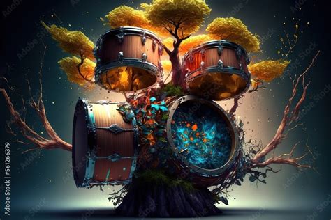 A fantasy drum set with natural trees, music themed wallpaper ...