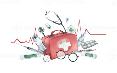 Red medical case, first aid kit with stethoscope, injections, plaster, pills and glasses ...