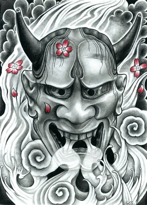 Kabuki Mask Hannya Mask Tattoo Design Black And Grey