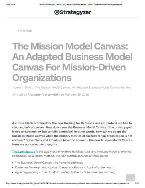 Non-Profit The Mission Model Canvas An Adapted Business Model Canvas For Mission-Driven - Studocu