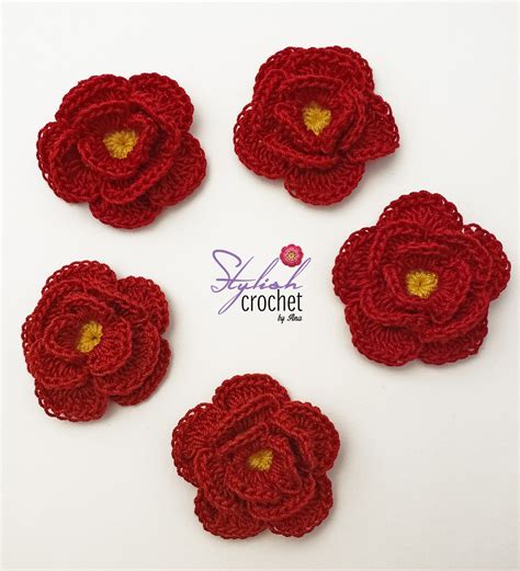 Set of 5 Red Crochet Flowers, Flower Appliques for Card Making, Jewelry ...