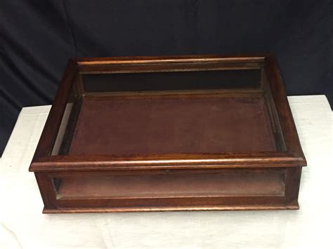 Vintage Dark Wood and Glass Table Top Display Case with Hinged Glass Top and Lock