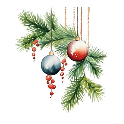 Watercolor Christmas Tree Branch With Christmas Ornaments, Watercolor ...