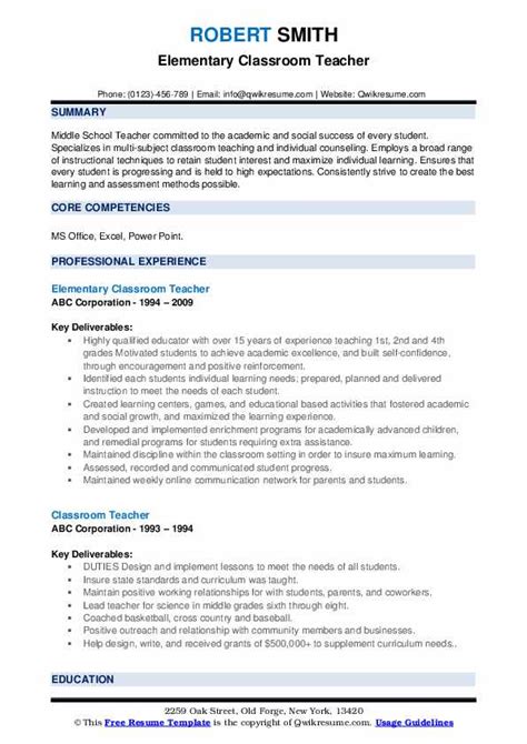 Classroom Teacher Resume Samples | QwikResume