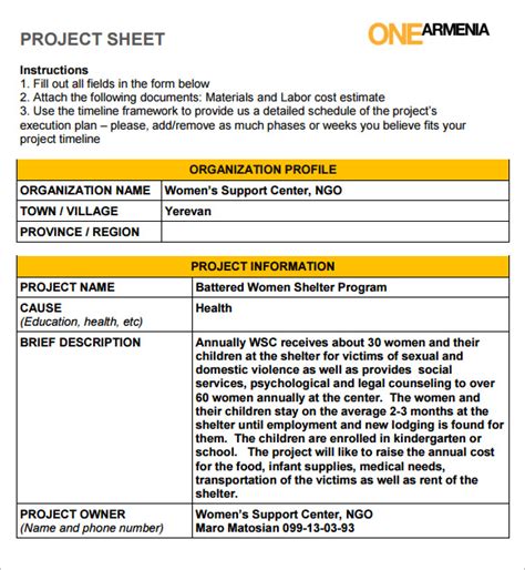 Project Sheet Template | Free Sheet Templates