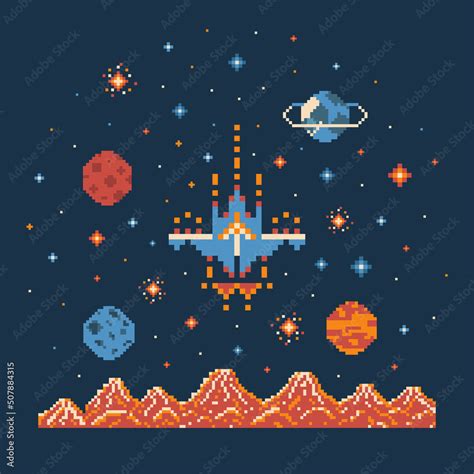 8 bit Pixel Art Shuttle in Outer Space Stock Vector | Adobe Stock