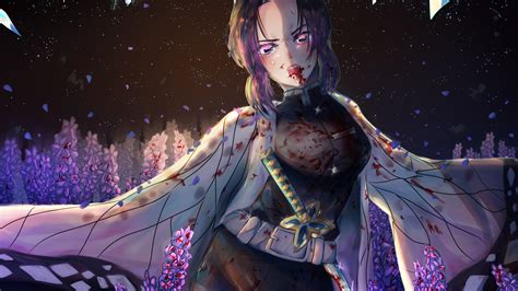 Demon Slayer Shinobu Kochou Standing Around Purple Flowers With Background Of Dark Sky And Stars ...