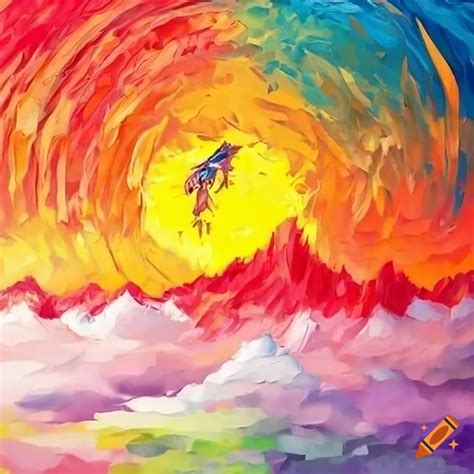 Knife palette painting of a majestic rainbow phoenix in the mountains on Craiyon