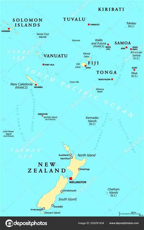 New Zealand Southern Polynesia Political Map Capitals Solomon Islands Vanuatu Stock Vector by ...