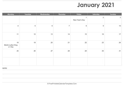 January 2021 Calendar Printable with Holidays