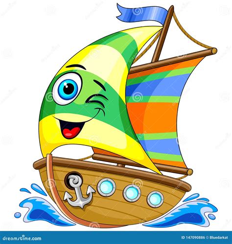 Sailing Boat Cute Cartoon Character Vector Illustration Stock Vector ...