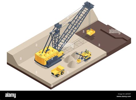 Isometric mining quarry, mine with large quarry dump truck and dragline excavator. Coal mine ...