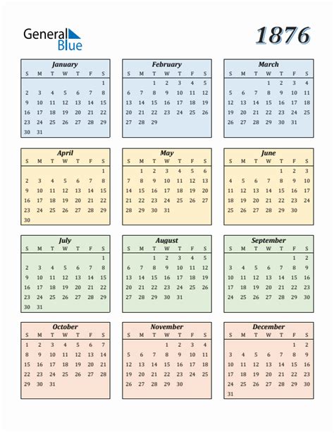 Free 1876 Calendars in PDF, Word, Excel