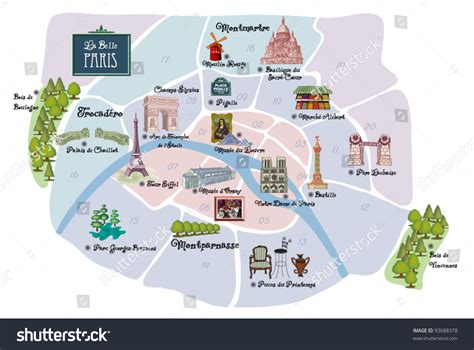 Picturesque Paris Map Famous Landmarks Museums Stock Vector 93688378 ...