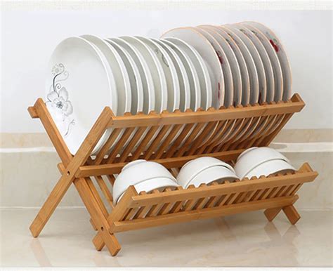 2 Levels Bamboo Folding Dish Rack Dish Drying Rack Holder Utensil Drainer Collapsible Compact ...