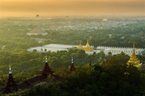 Panoramic view of Mandalay city and Kuthodaw Pagoda which is recognized ...