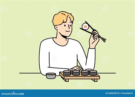 Smiling Man Eat Sushi with Chopsticks Stock Vector - Illustration of wasabi, asian: 260248125