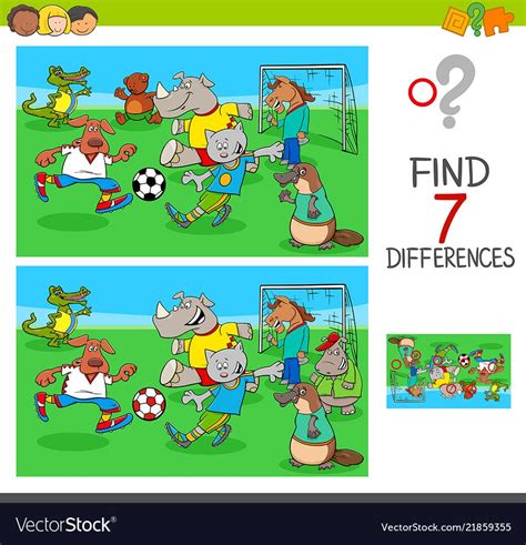 Find differences game with animals playing soccer vector image on ...