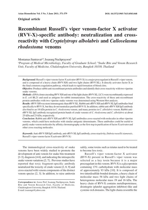 (PDF) Recombinant Russell's viper venom-factor X activator (RVV-X)-specific antibody ...