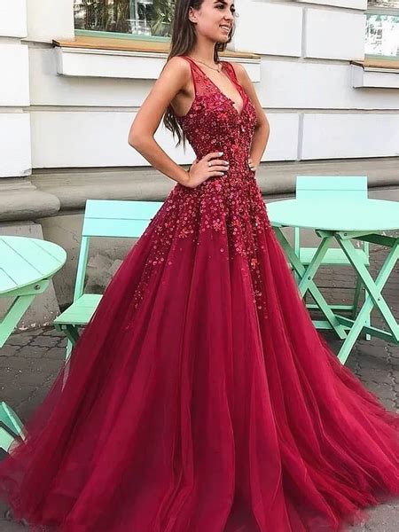 V Neck Burgundy Beaded Tulle Long Prom Dresses, Burgundy V Neck Tulle ...