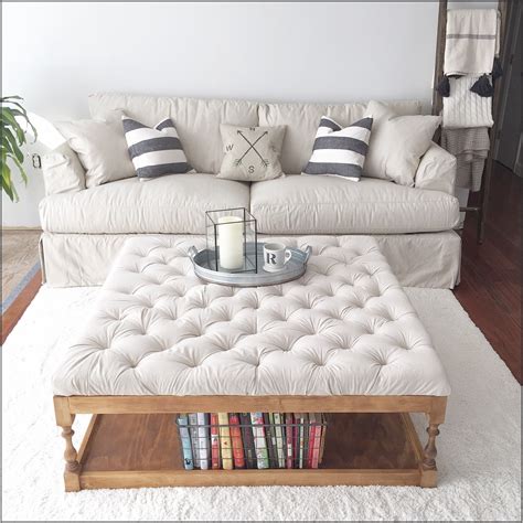 White Tufted Ottoman Coffee Table • Display Cabinet