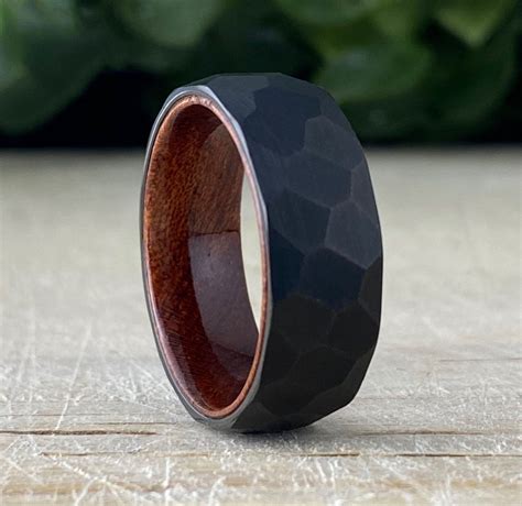 Black Hammered Tungsten Ring Wood Wedding Band Men Rosewood Inlay ...