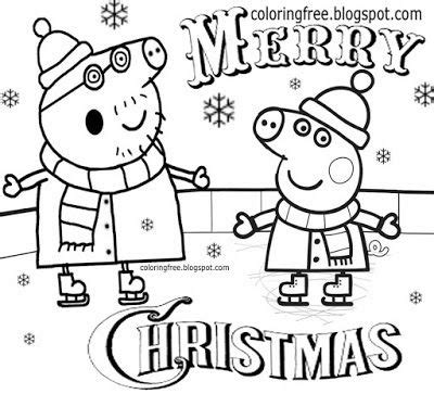 Cool fun skating playing on the ice rink simple drawing Peppa pig Christmas coloring pages for ...