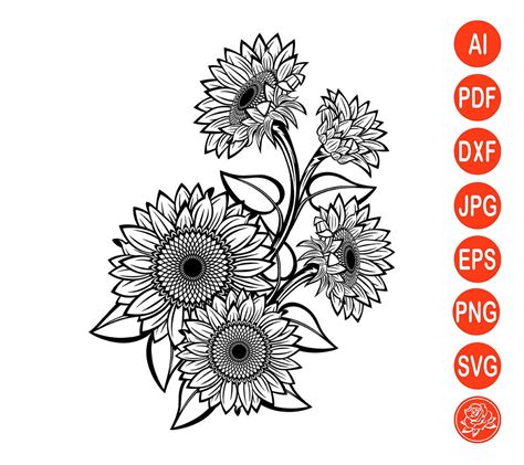 Black and White Sunflowers for Design SVG, Sunflower Cut File for Cricut Silhouette DXF, Bundle ...