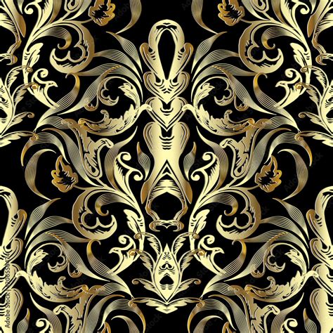 Ornate gold 3d Baroque seamless pattern. Vintage antique ornamental black gold background ...