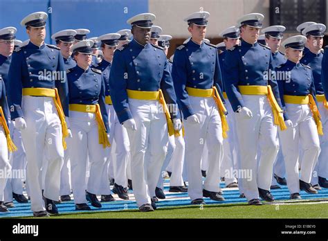 US Air Force Academy Cadets march into Falcon Stadium in their dress ...