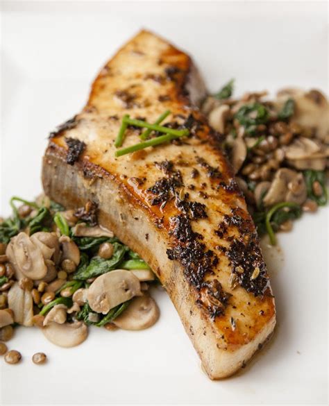 Sautéed Swordfish over a Lentil, Spinach and Mushroom Salad