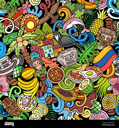 Cartoon doodles Colombia seamless pattern. Backdrop with Colombian culture symbols and items ...